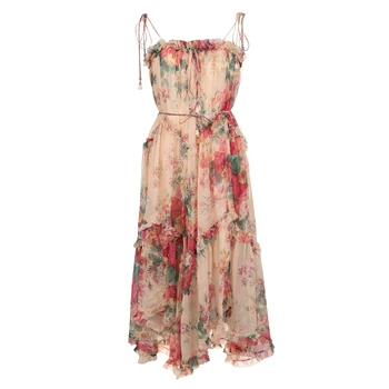 

Runway Designer Dress Women 2020 Summer Sexy Spaghetti Strap Floral Printed Ruffles Midi Vacation Dress