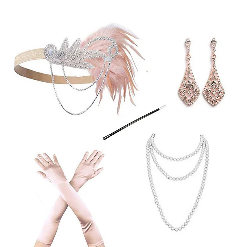 1920s Flapper Headpiece Roaring 20s Feather Headband Gatsby Hair Accessories Pearl Headband Flapper Party Earrings Sets corpse bride costume