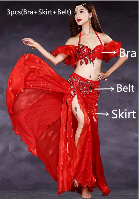 2/3pcs Set New Adult Women Belly Dance Costumes Oriental Belly Dance Skirt Stage Performance Bra Belt Skirt Belly Dance Clothing - Цвет: Red-3Pcs