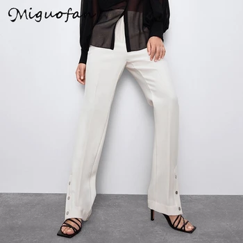 

Miguofan White Pants Ladies Fashion Button bottom cargo pants Women Elegant harem haute Basic Straight Long Trousers zora 2020