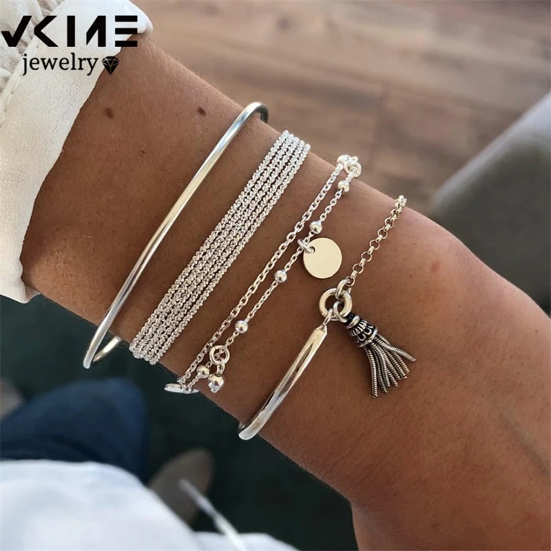 VKME boho Women bracelet Multi-layer Bracelets set disc tassel Round bead Pendant Geometric Lobster-claw-clasps Adjustable size | Украшения