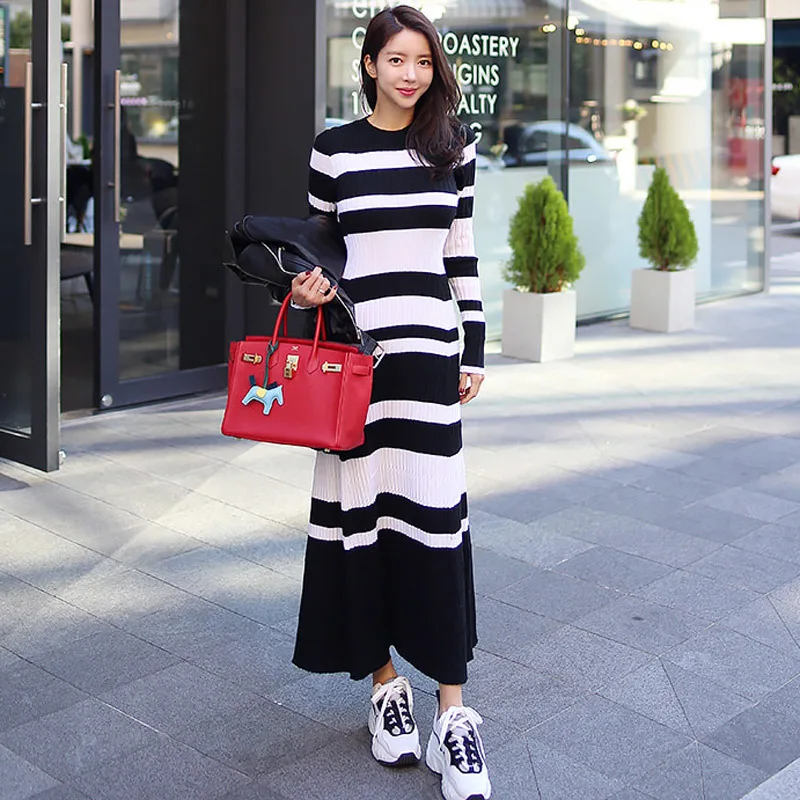 

High Quality Women Long Sleeve Striped Knitted Sweater 2019 Autumn Winter Casual Basic Bodycon Wrap Pencil Maxi Dress Vestidos