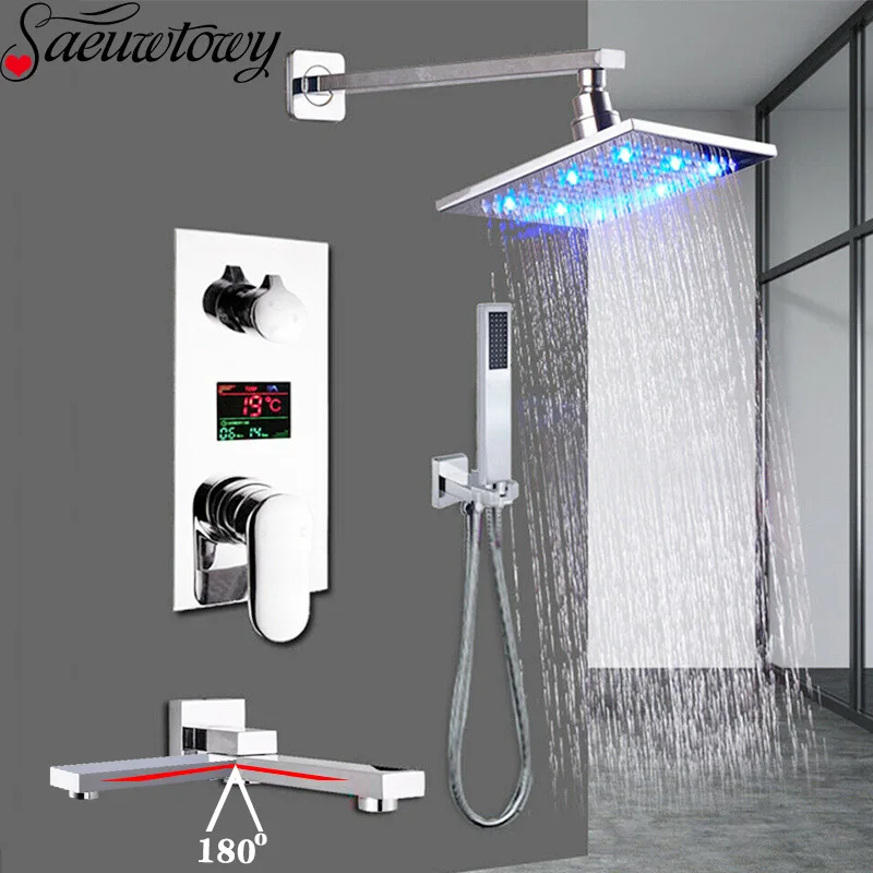 

Chrome Bathroom Temperature Display Led Shower Faucet Set Rain Shower Lcd Two-Way Silent Faucet Bathtub Shower faucet