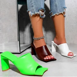 2021  Summer New Women's Fashion Patent Leather Sandals High Heels Muller Sandals New Sexy Square Toe Green White Sandals Shoes