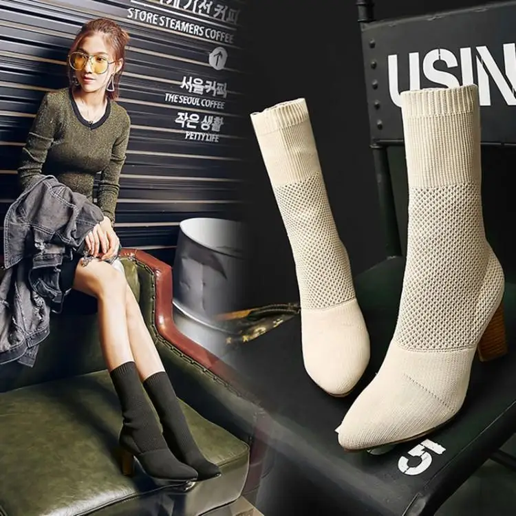 

Pointed yarn cone tube sheet in the elastic shoe heels boots female thick with high-heeled boots, socks knitting 7.5 cm