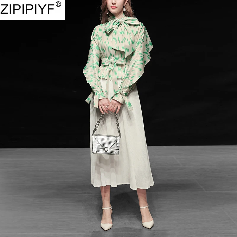 2020 New Runway Spring Women Elegant Bow Collar Ruffles Long Sleeve Tops Blouse Shirts And Slim Mid-Calf Party Skirt Suits Set |