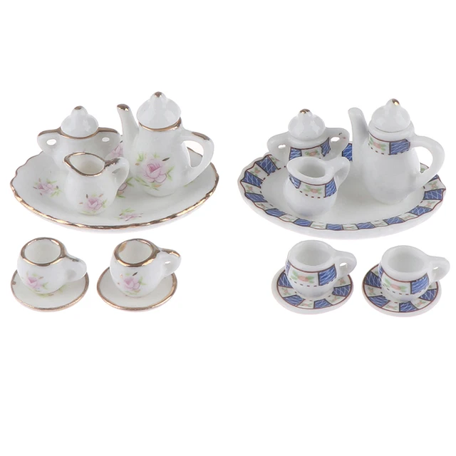 8pcs/set Dollhouse Miniature Porcelain Tea Cup Sets Mini Teapot Coffee Plate Play Kitchen Dining Tableware Toy 1