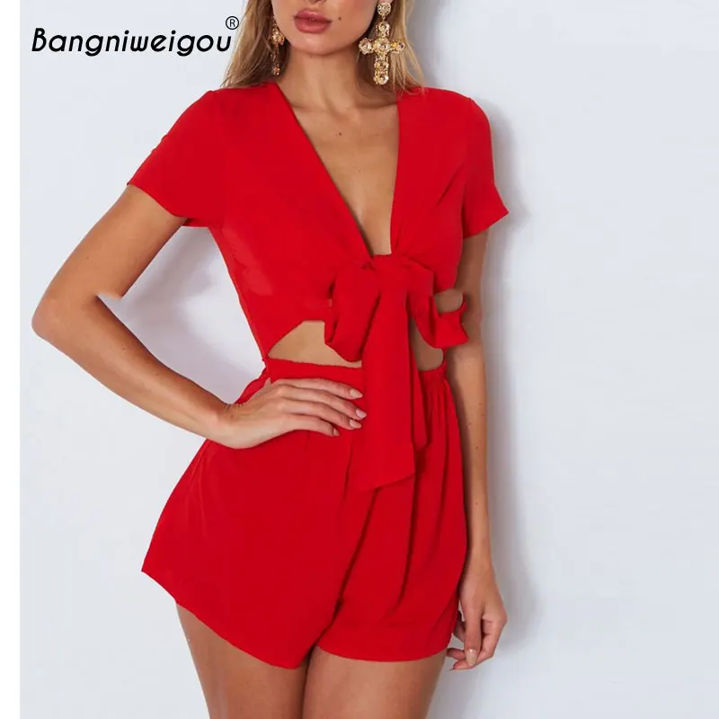 

Bangniweigou Sexy Cut Out Knot Front Romper Short Sleeve Summer 2019 Bell Bottom Playsuit Vacay Yellow Overalls for Women Girls