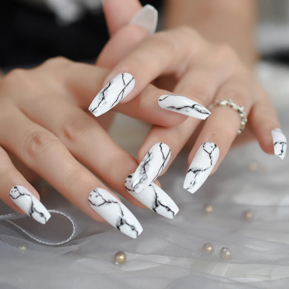 White Black Gradient Marble Press on False Nails Extra Long Ballerina Coffin UV Gel Glue On Fake Fi