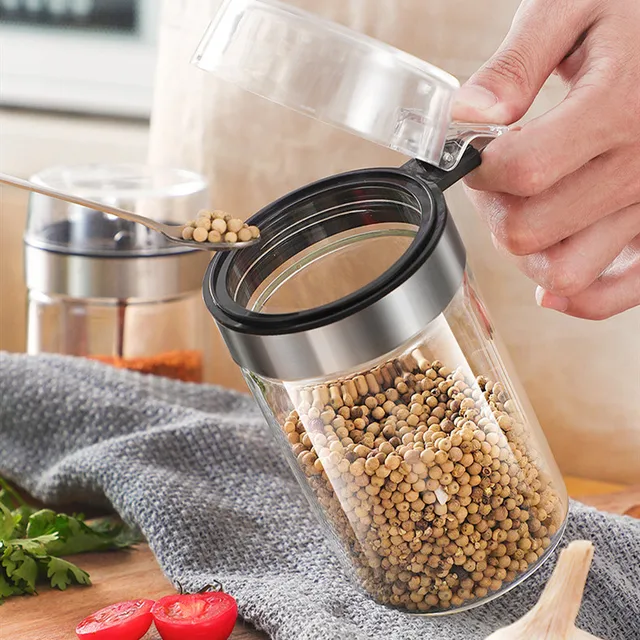 Kitchen Glass Seasoning Bottle Spice Jar Condiment Storage Box Salt Pepper  Shaker Sugar Flavoring Container With Lid and Spoon