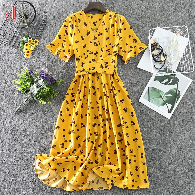 Женское шифоновое платье с коротким рукавом V-образным вырезом и цветочным