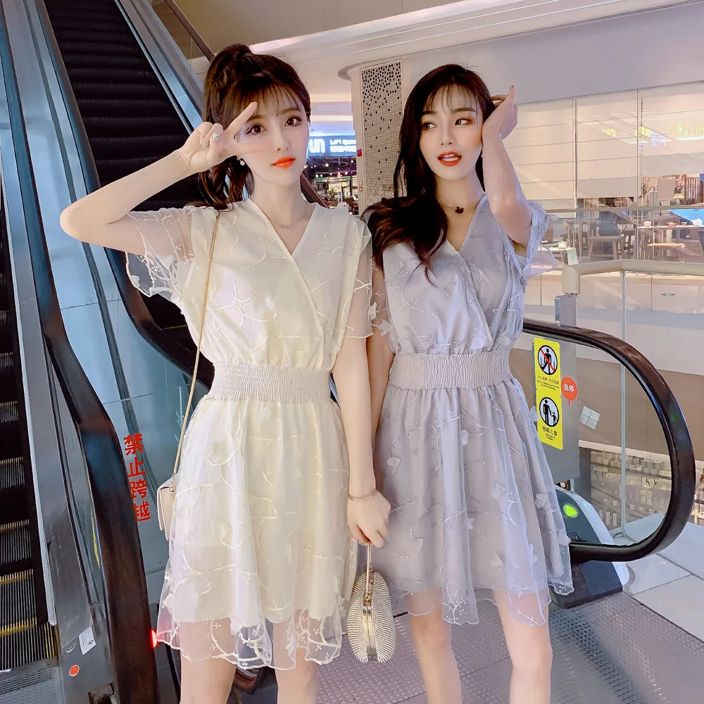 

Chiffon Short-height Dress Women's Summer Small Fresh Students Short V-neck Waist Hugging Very Fairy of Gauze Skirt