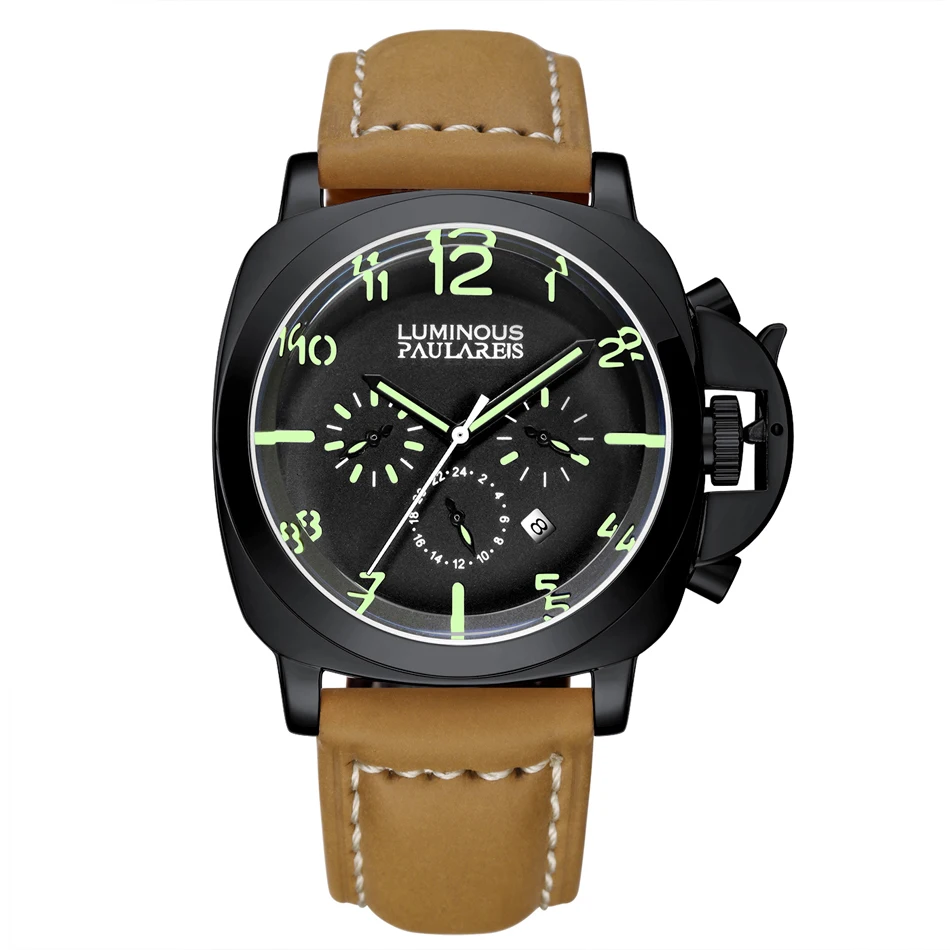 Automatic Self Wind Mechanical Genuine Brown Leather Strap Multifunction Date Month Yellow Green Luminous Rose Gold Men Watch - Цвет: Black Green