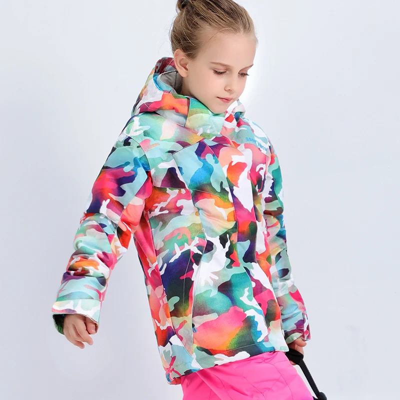 Дети лыжный костюм девушки сноуборд куртка ребенок лыжный пант большой девушка красочные камуфляж дети теплое зимнее пальто водонепроницаемый - Цвет: Многоцветный