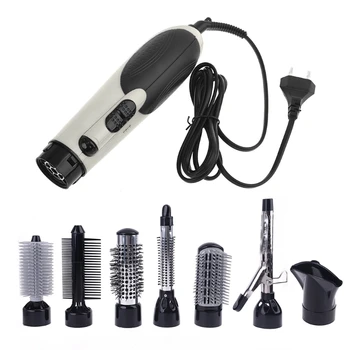 

7 in 1 Multifunction Professional Negative Ion Hair Dryer with Comb Curling Wand Straight Set Styling Tool EU Plug Red Silver