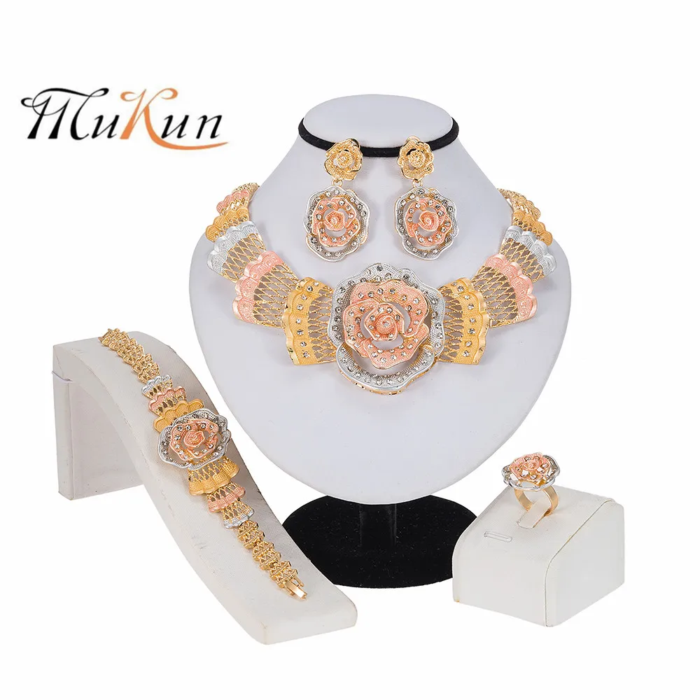 

MUKUN African Bridal Dubai Jewelry Sets Crystal Big Necklace Earrings Ring Bracelet Nigerian Women Fashion Wedding Gold Jewelry