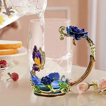 

Beauty and Novelty Enamel Coffee Cup Mug Flower Tea Glass Cups for Hot and Cold Drinks Tea Cup Spoon Set
