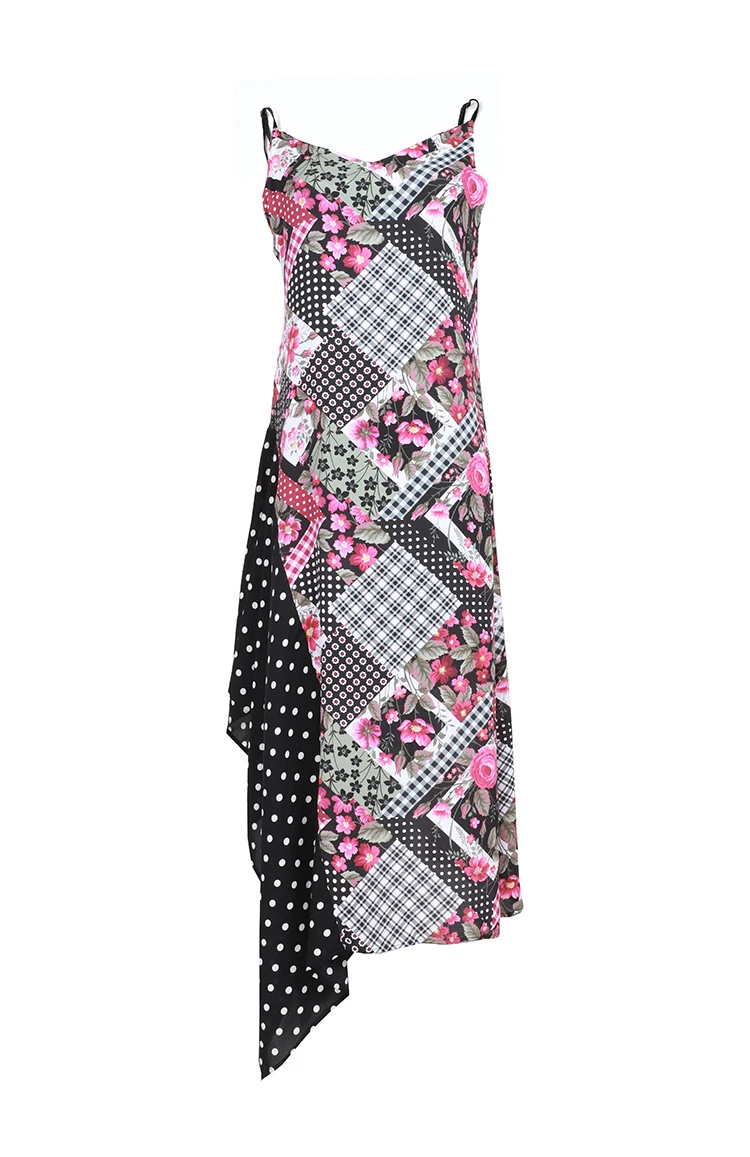AELESEEN New Fashion Mix Print Irregular Dresses Women Elegant Spaghetti Stape Dots Spliced Flowers Printed Midi Dress