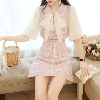 

Autumn Women Chic Sweet Two Piece Set Chiffon Stitching Bow Pocket Top + Single-Breasted A-Line Skirt Spring Female Elegant Suit