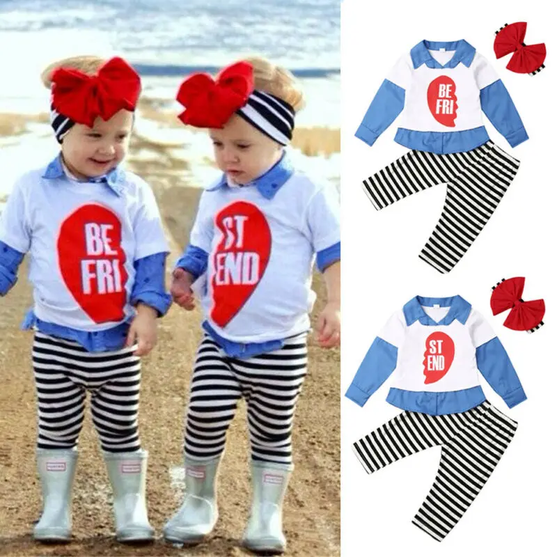 

1-5Y Toddler Kids Baby Girls Boys Clothes Sets Letter Striped Print Shirt Tops Long Pants Headband BEST FRIEND Outfit Set