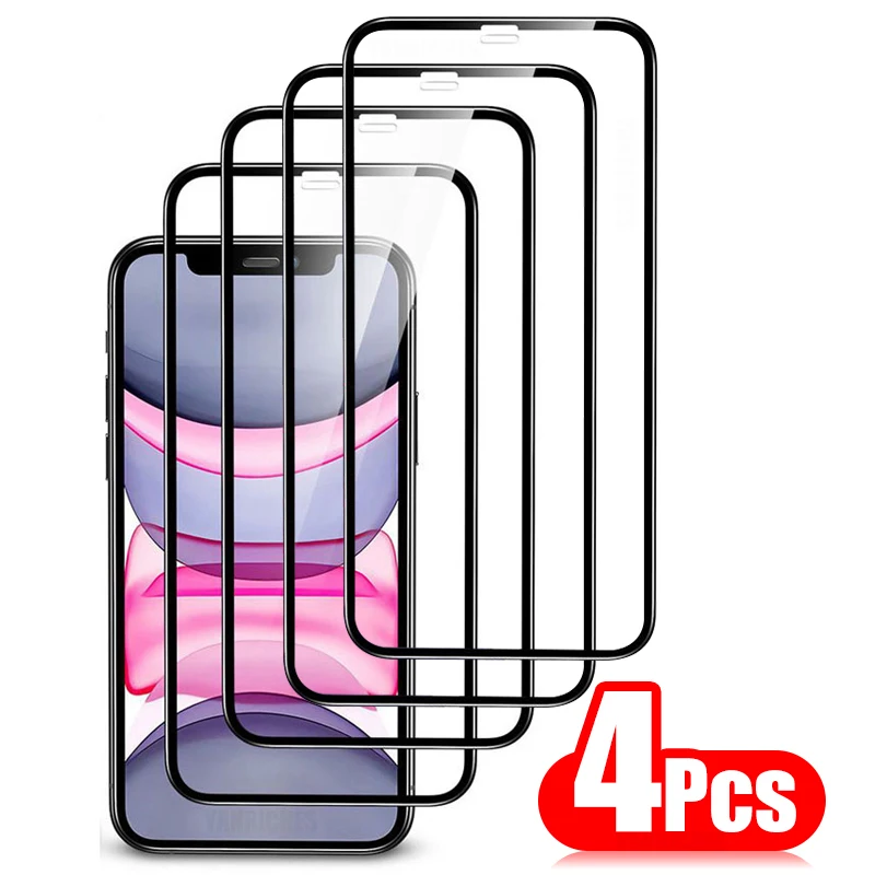 4PCS Full Cover Protective Glass For iPhone 13 12 11 Pro Max Screen Protector For iPhone 6 7 8 Plus X XR Xs Max 13 Mini Glass