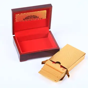 

24K Gold Foil Plated Game Grid Pattern Playing Cards With Nice Wood Box Plastic Playing Cards with Wooden Box Waterproof