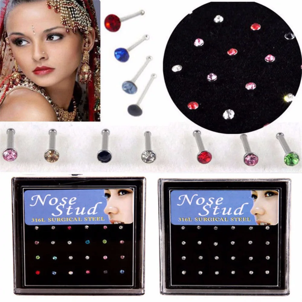 24pcs Silver Colorful Crystal Stud Nose Ring Fashion Body Jewelry Stainless Surgical Steel Piercing Wholesale | Украшения и