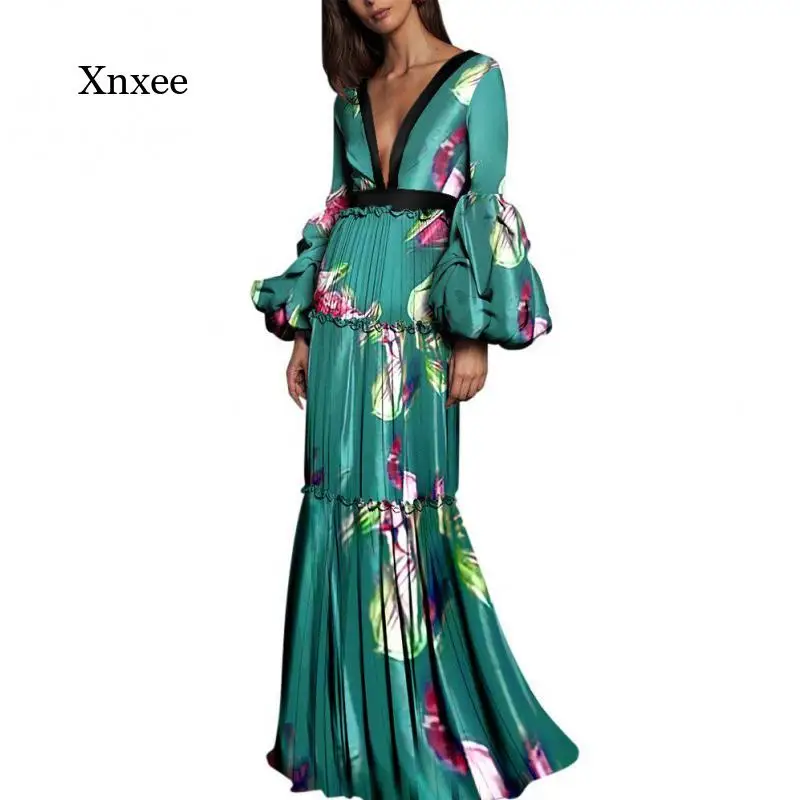

V-Neck Long Lantern Sleeve Dress Woman Party Night Vintage New Fashion Temperament Robe Ruffle Hit Color Elegant Sexy Dresses