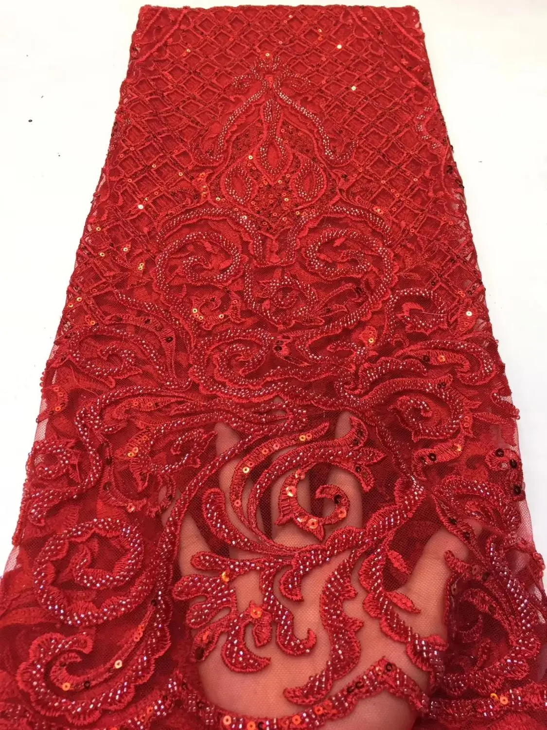 

Luxury heavy handmade beaded lace top grade African sequins pearls wedding french tulle lace hot red party embroidery mesh lace