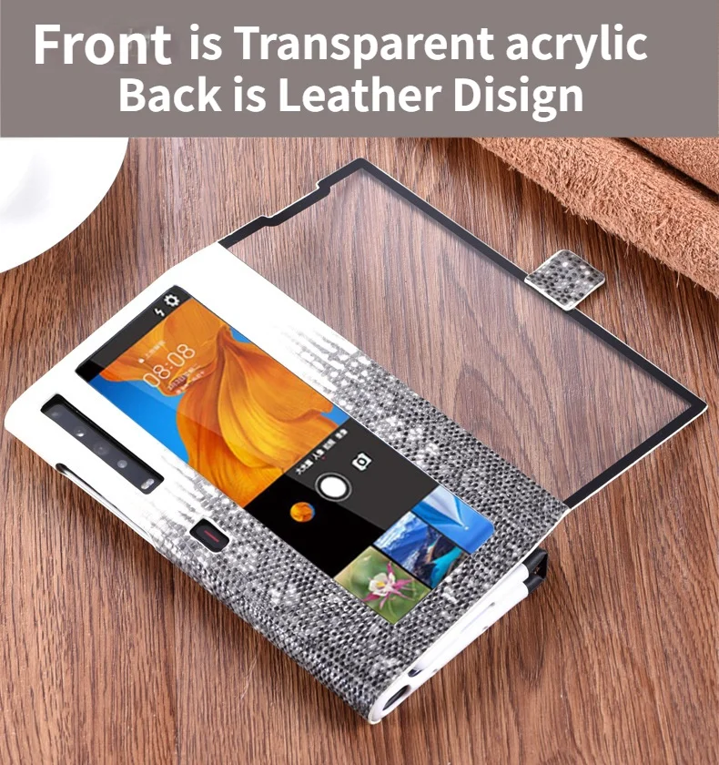 Transparente com Couro Nova Tecnologia Frente Acrílico Genuíno Huawei Companheiro xs Case Kickstand 5g Capa é 3 Nova tecnologia frente é acrílico transparente com