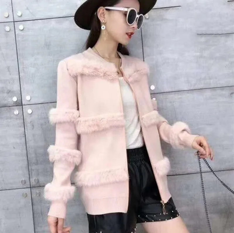 И зима 2019 новая декоративная вязаная рубашка с кроличьими волосами короткий
