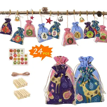 

24pcs Christmas Countdown Calendar Storage Candy Linen Bag Candy Gift Sacks Pouch with Clips Stickers Rope for Home Decoration