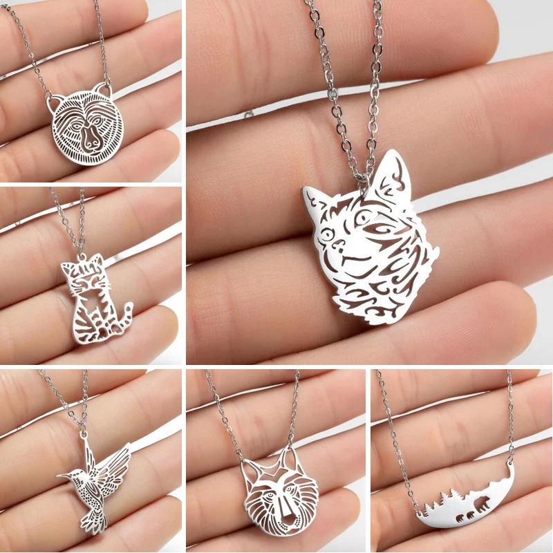 Ожерелья с котом из нержавеющей стали с милыми животными для женщин оригами Колибри волк Медведь Тигр кулон ошейник подарок для лучшего друга