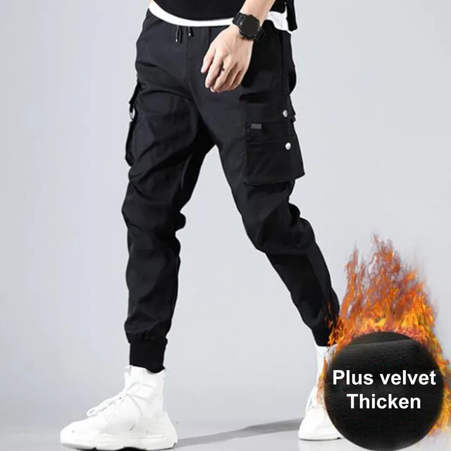 Hot！Autumn Men Pants Hip Hop Harem Joggers Pants 2021New Male Trousers Mens Solid Multi-pocket Cargo Pants Skinny Fit Sweatpants Thick Black