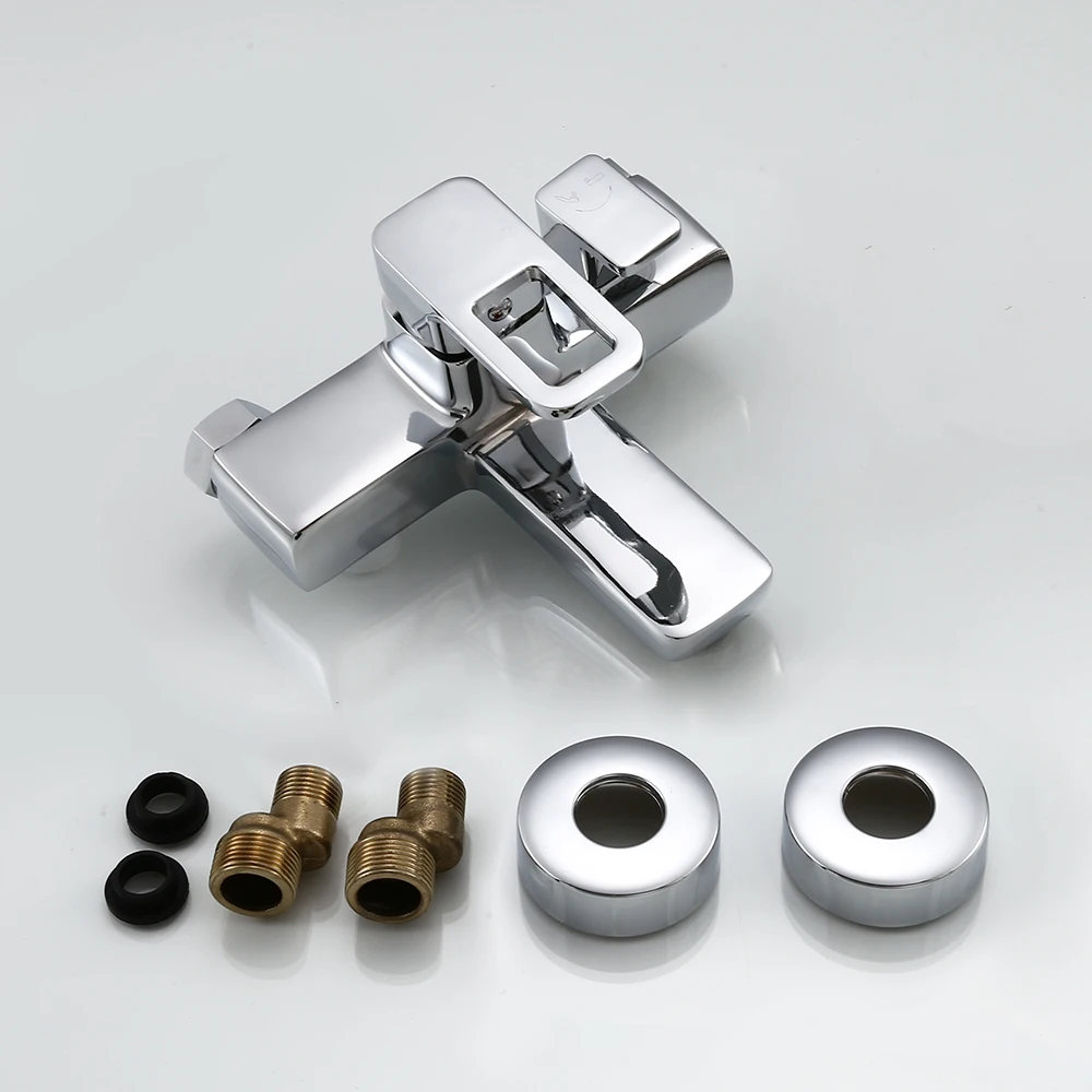 Wall Mounted Square Shower Faucet Bathroom Cold & Hot Water Mixer Bathtub Double Outlet Water Tap