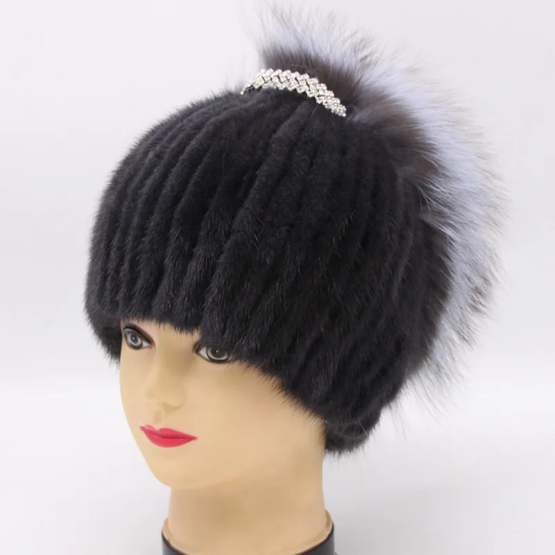 020120 новые модные популярные зимние аксессуары для женщин Skullies& Beanies Регулируемая основа вязаная шапка из меха норки и лисы