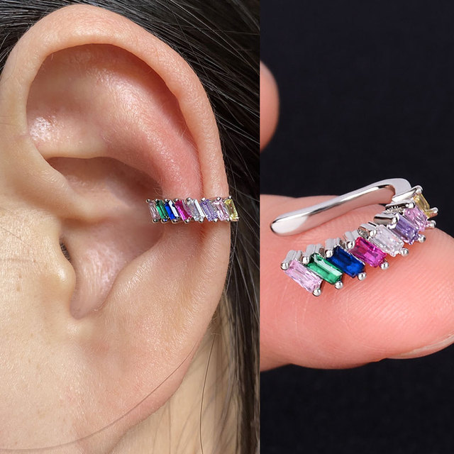 Korean Style Women Girls Flower Leaf Clip Earrings Without Piercing Rainbow Earring Crystal Zircon Ear Cuff  Fashion Jewelry