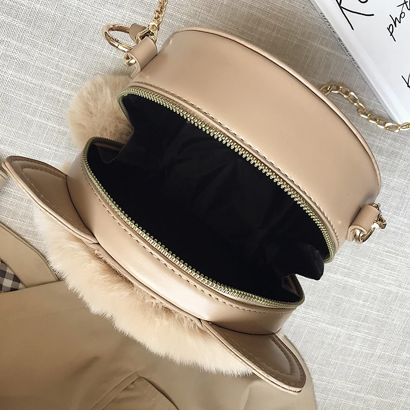 Kawaii меховая сумка зимняя модная новая сумка Высокое качество Мини девушка милые кошачьи уши круглый плечевой ремень сумка-мессенджер розовая