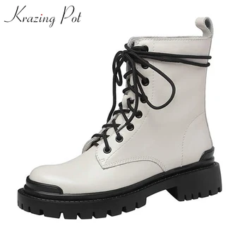 

Krazing pot 2020 genuine leather motorcycle boots platform round toe med heels cross-tied winter season lace up ankle boots L6f7