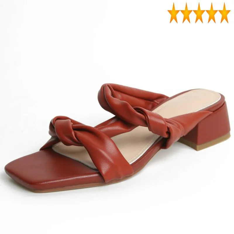 

Square Vintage Summer Women Slippers Toe Mules Sandals Solid Color Genuine Leather Office Ladies Elegant Slides Sheepskin Sandal