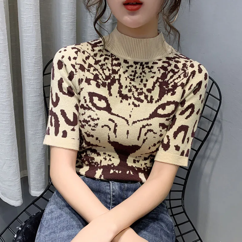 

Jersey Mujer Summer Half Turtleneck Knitted Sweater Women 2020 Short Sleeve Leopard Slim Sweaters Korean Style Woman Clothes