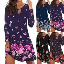 

Dropshipping Women Dress O-neck Floral Soft Printed Autumn Women Dress for Daily Wear