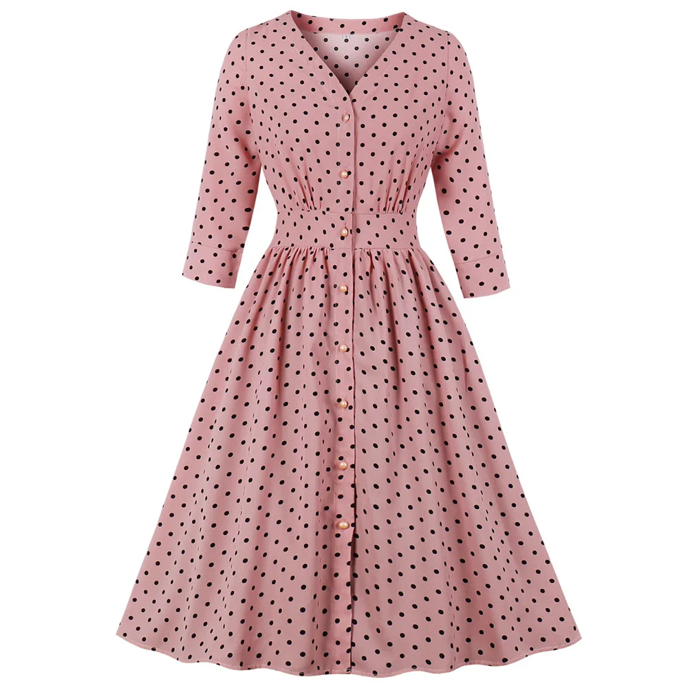 Joinelse Polka Dot Women Vintage Dress V-Neck 3/4 Sleeve Button Fly Femme Party Robe Swing Pin Up Feminino Spring Retro Vestidos - Цвет: Pink