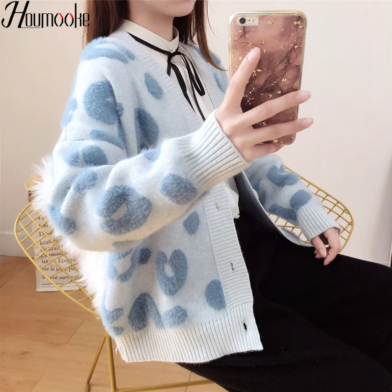 

HMK New Women Long Sweater and Cardigans Knit V-neck Harajuku Sweaters Ponchoes Button Dots Loose Female Cardigans 2019 Winter
