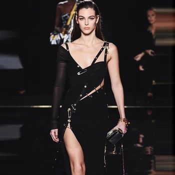 

Celebrity Evening Party Club Bandage Dress Women Sexy One Shoulder Button Split Vestidos Mesh Patchwork Long Dresses