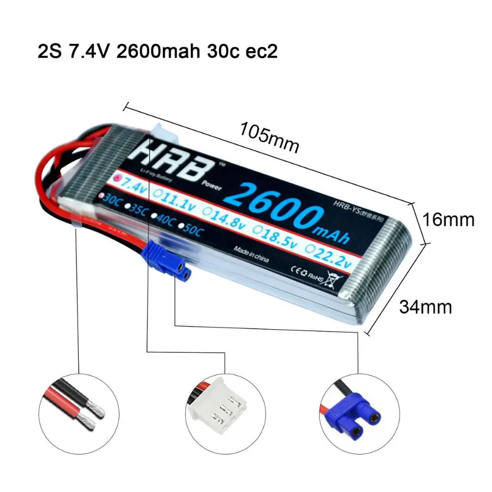 2 шт. аккумулятор HRB Lipo 2S 3S 4S 1300 мАч 1500 2200 2600 дрона 50C с EC5 деканов штекер для пульт ДУ