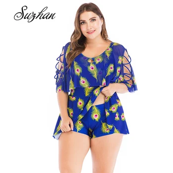 

Suzhan 2019 New One Piece Swimsuit For Women Skirt Swimwear Separate Large Sizes Bodysuit Print Plunging Back With Padding