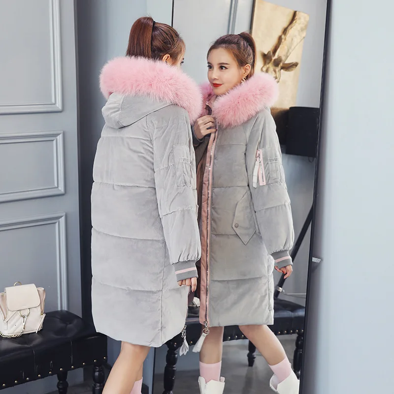 

2019 Student Winter Long Korean Fur Collar Bread Parka Woman Cotton-padded Velvet Jacket Thickened Warm Cotton Coat outerwear