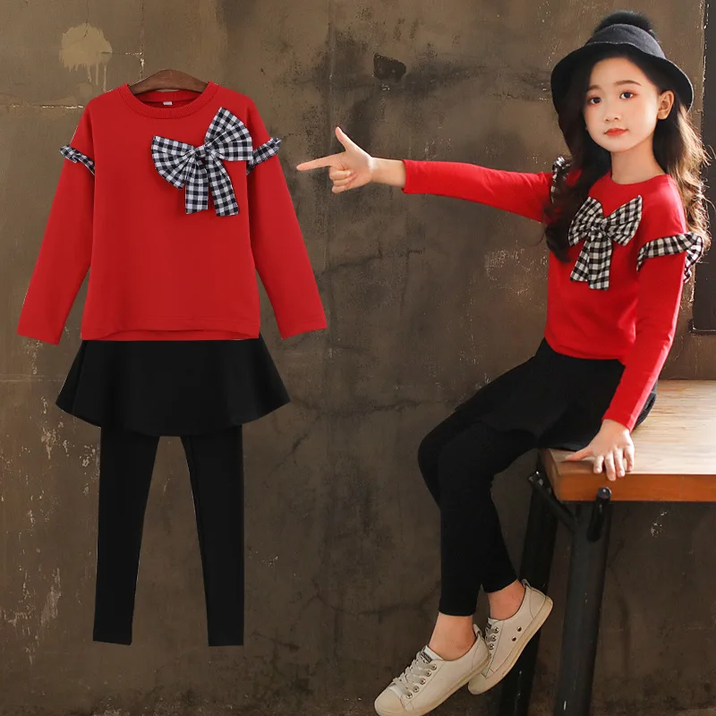 

Girls 2019 Autumn New Style Bow Set Big Boy Long-sleeved Sweater Korean Style Pantskirt Two-Piece Set