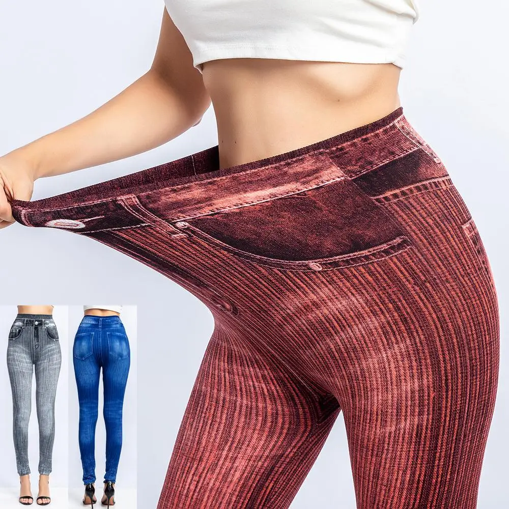 Женские Тренировочные леггинсы с вертикальной полосой, имитация джинсовой ткани, тонкие эластичные бесшовные леггинсы с высокой талией, повседневные спортивные Леггинсы